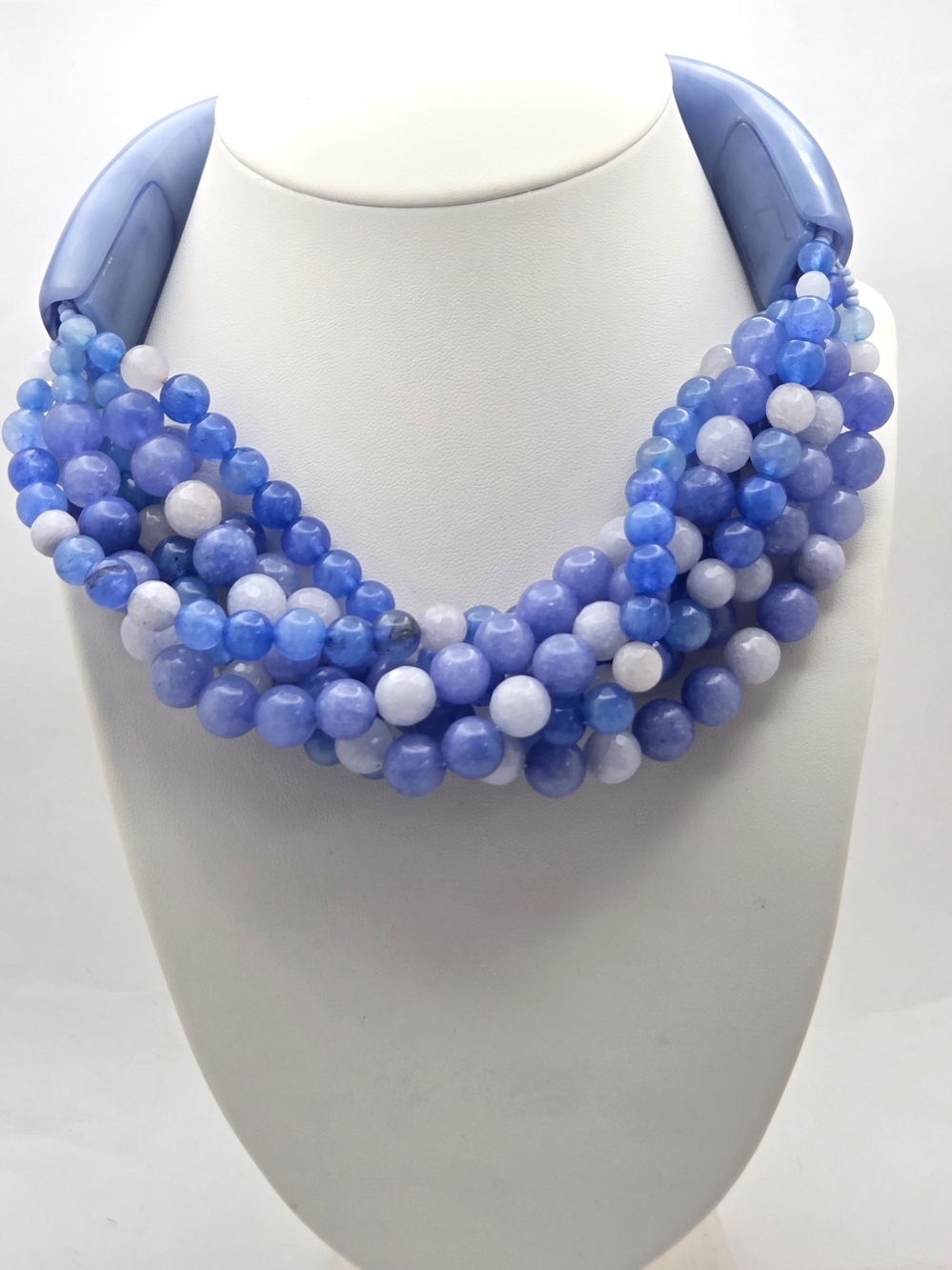 Chico’s Blue Bead Multi Strand Statement Necklace Chunky Horn Accents 20"